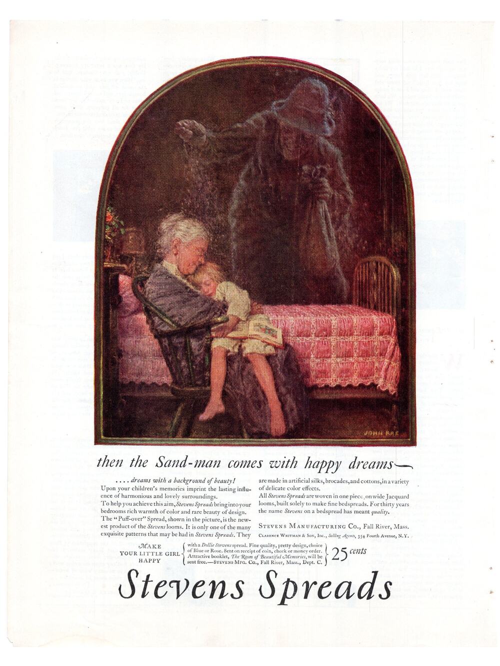 Stevens Bed Spread Advertisement 1925 Vintage Full Color Home John Rae Sand Man